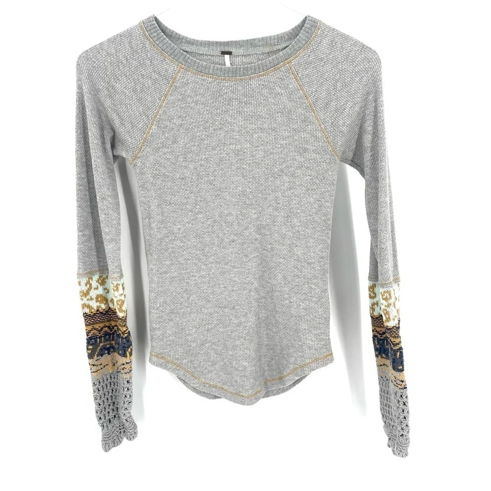 Free People In The Mix Cuff Crochet Long Sleeve Crewneck Top in Heather Grey